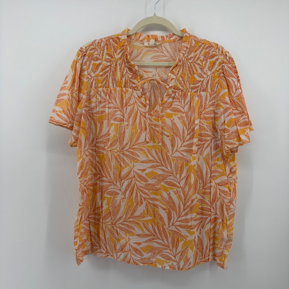 Como Blu Womens XL Orange Tropical Leaf Print Short Sleeve Tie Neck Blouse